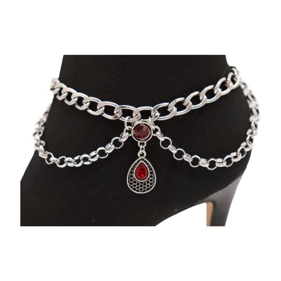 Women Silver Metal Boot Chain Bracelet Shoe Anklet Ethnic Drop Charm Red 2PCS - Picture 15 of 17